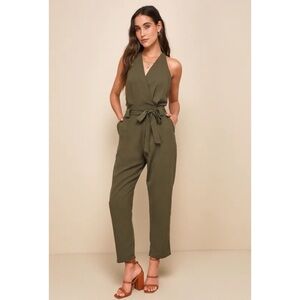 New! Lulus In the City Olive Green Sleeveless Surplice Jumpsuit Small